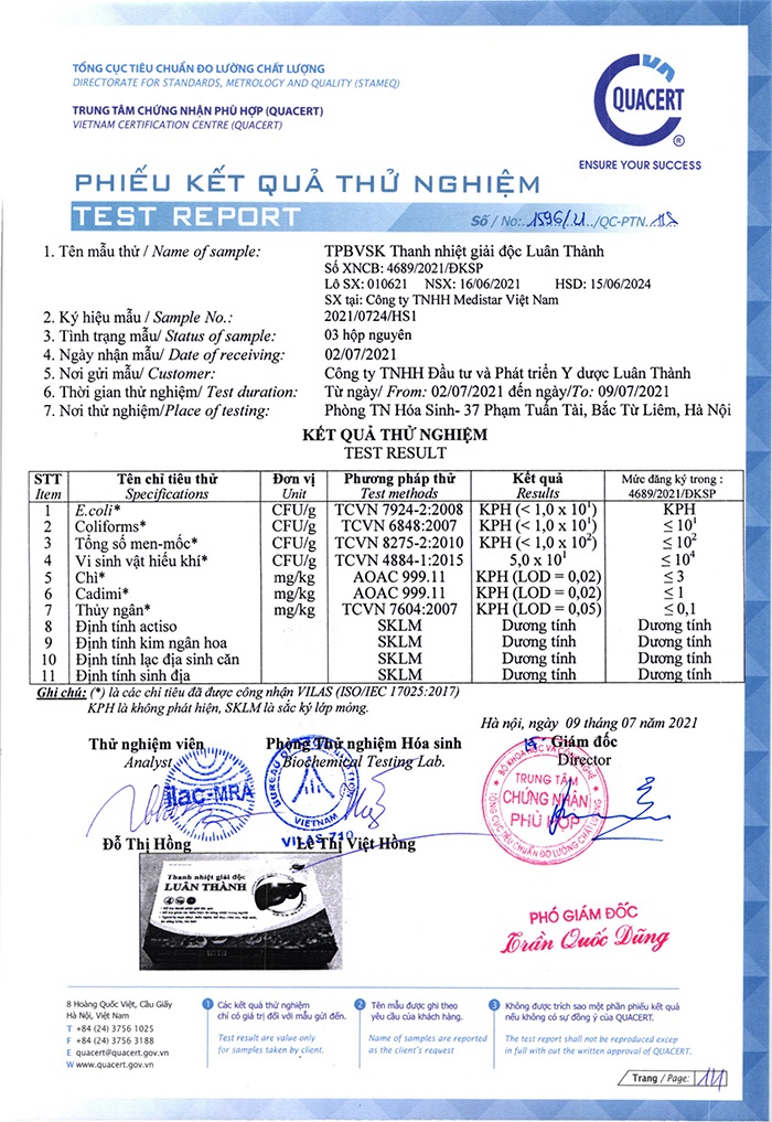 Phiếu kiểm nghiệm sản phẩm Thanh nhiệt giải độc Luân Thành
